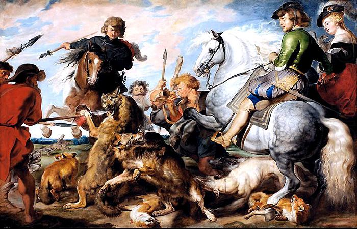 A 1615-1621 oil on canvas 'Wolf and Fox hunt' painting by Peter Paul Rubens, Peter Paul Rubens